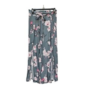 Simplee Floral Lightweight Open Leg 100% Viscose Grey Pink Pull On Pants Size L